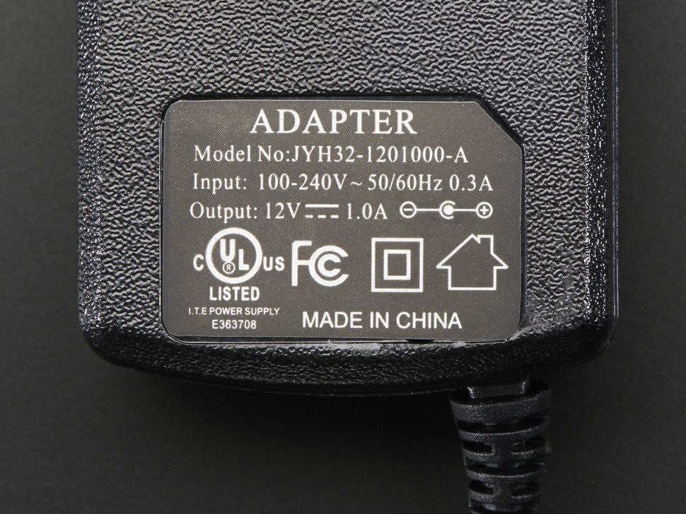 12V DC 1000mA (1A) regulated switching power adapter - UL listed