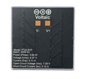 solar cell back view, showing soldering pads and voltage information